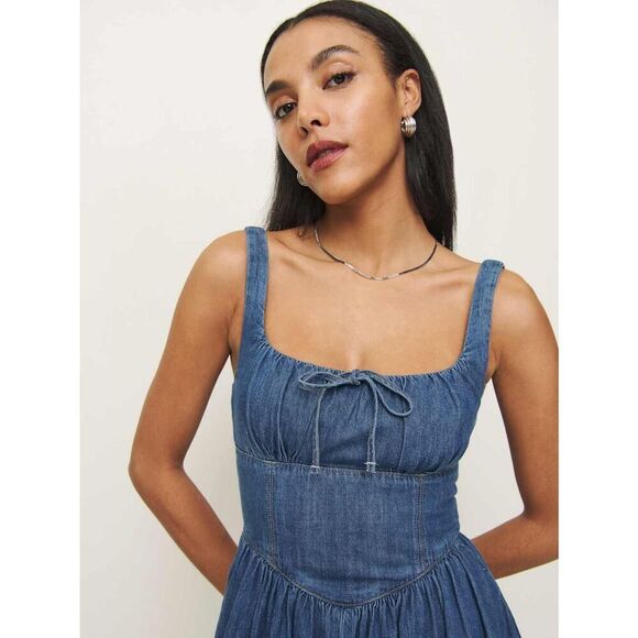 Reformation Women's Blue Pure Organic Cotton Balia Denim Midi Dress Size 8 - Picture 2 of 11